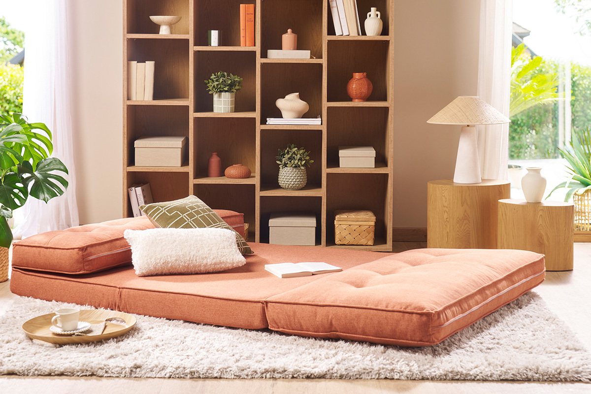 Chauffeuse 2 places convertible en tissu terracotta SALLY