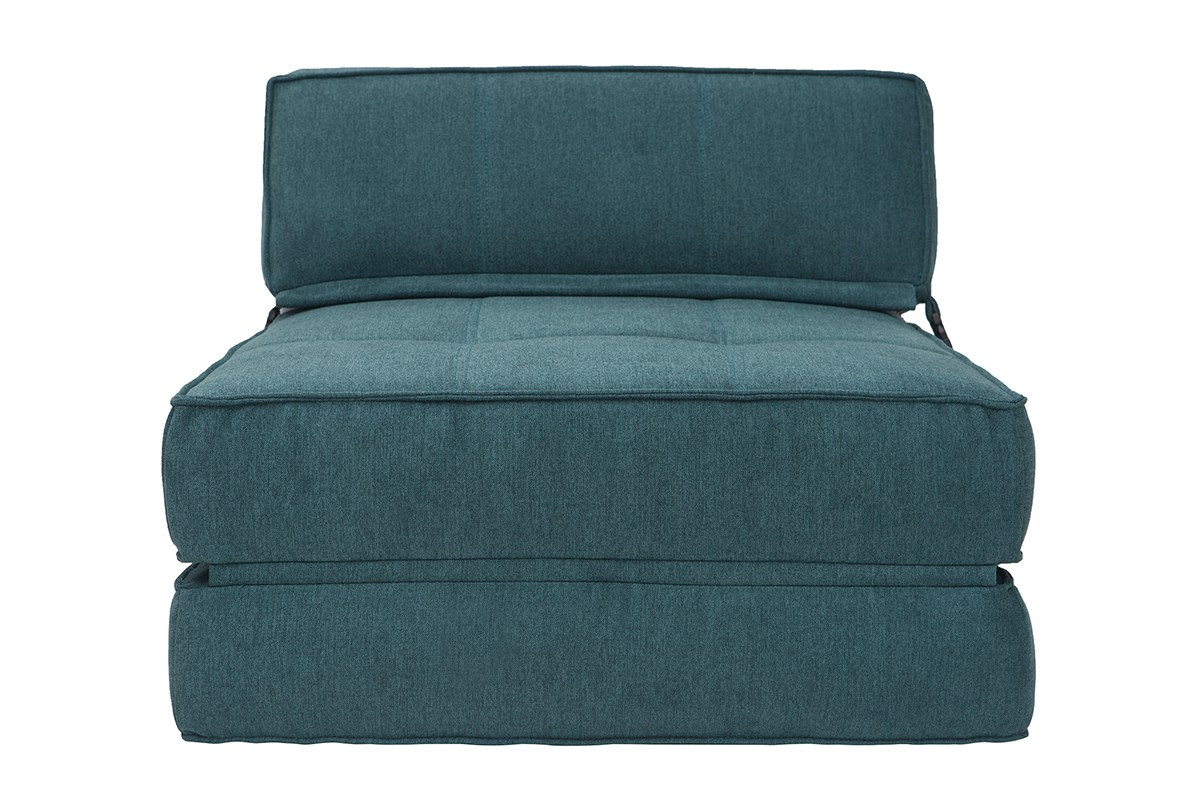 Chauffeuse convertible 1 place en tissu effet velours bleu p�trole KATY