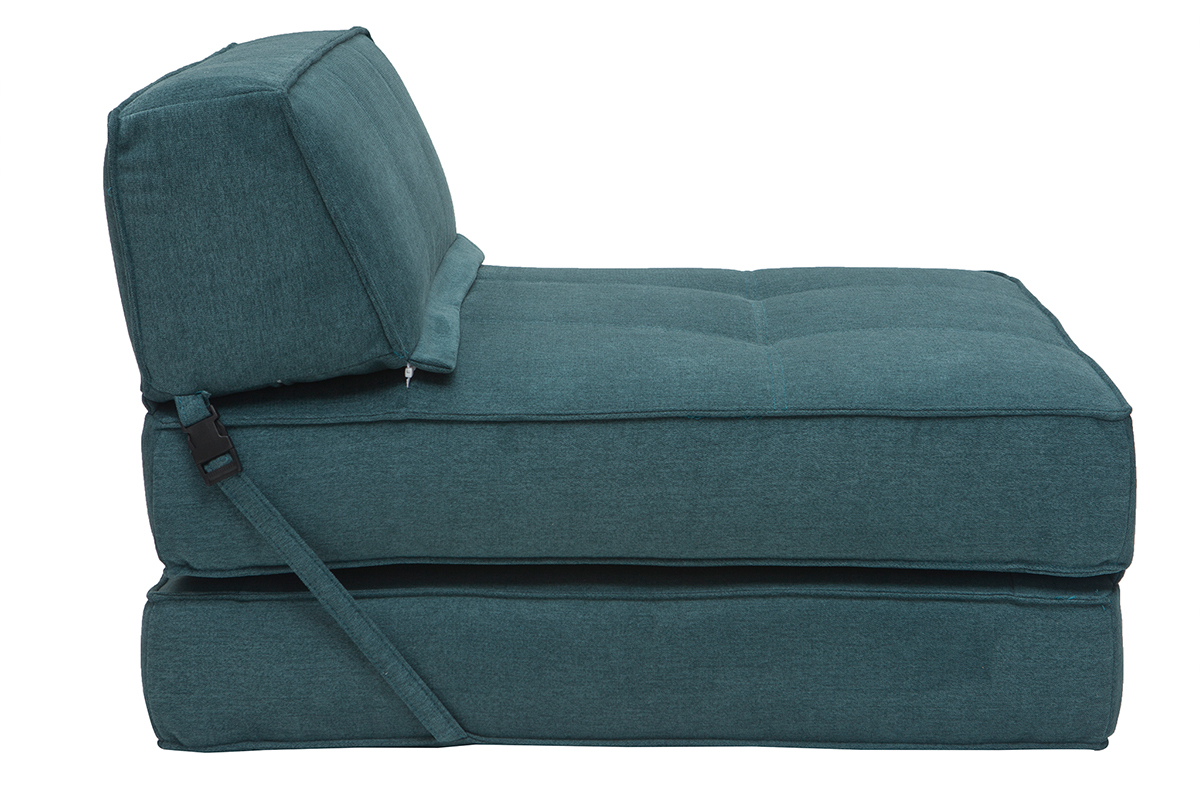 Chauffeuse convertible 1 place en tissu effet velours bleu p�trole KATY