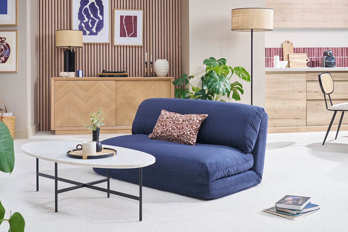 Chauffeuse convertible 2 places en tissu velours c�tel� bleu fonc� SPENCER