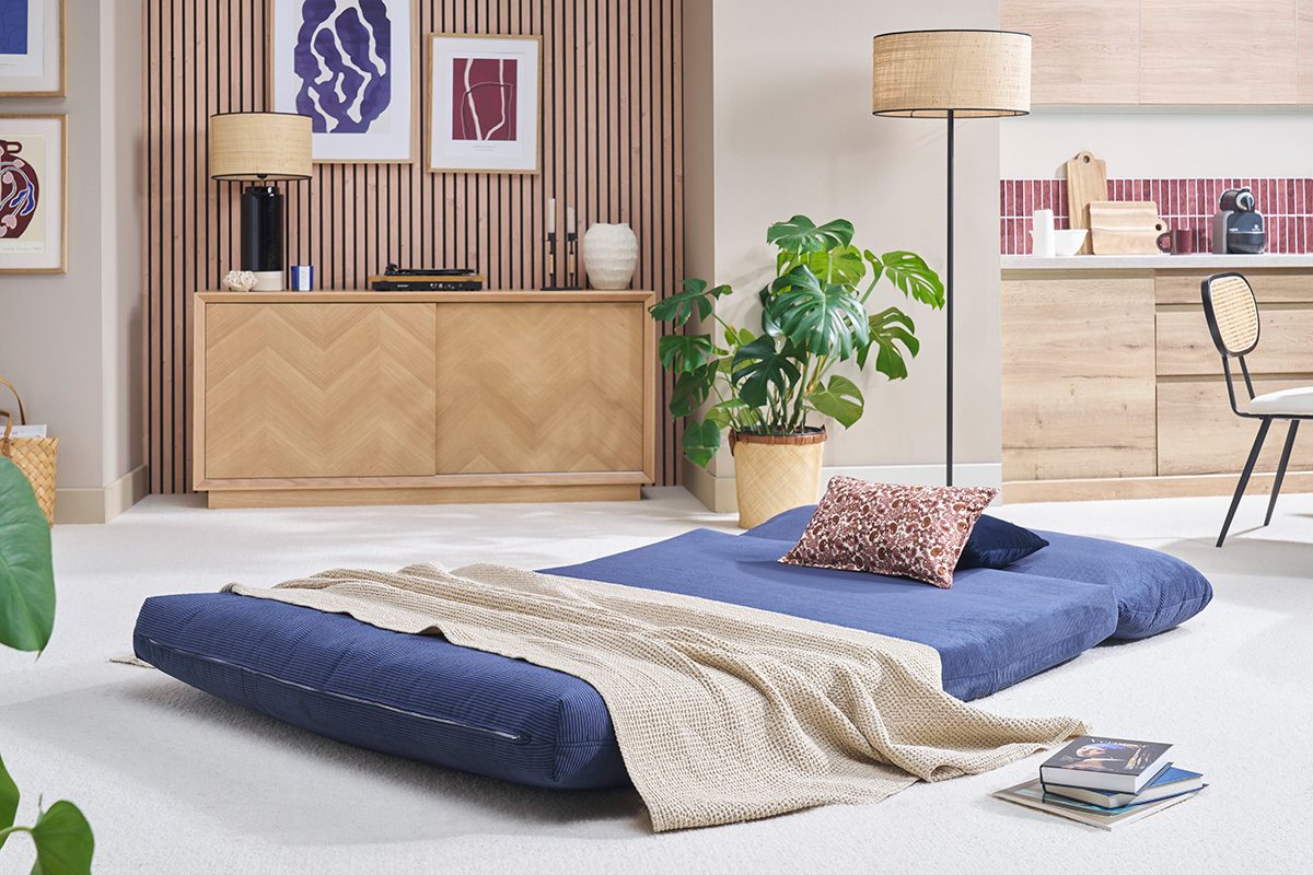 Chauffeuse convertible 2 places en tissu velours c�tel� bleu fonc� SPENCER