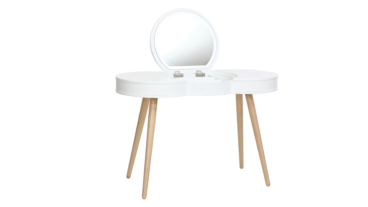 Coiffeuse scandinave bois blanc miroir rond NUBE