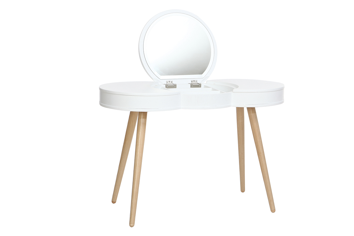 Coiffeuse scandinave bois blanc miroir rond NUBE