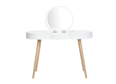 Coiffeuse scandinave bois blanc miroir rond NUBE - Coiffeuse scandinave bois blanc miroir rond NUBE