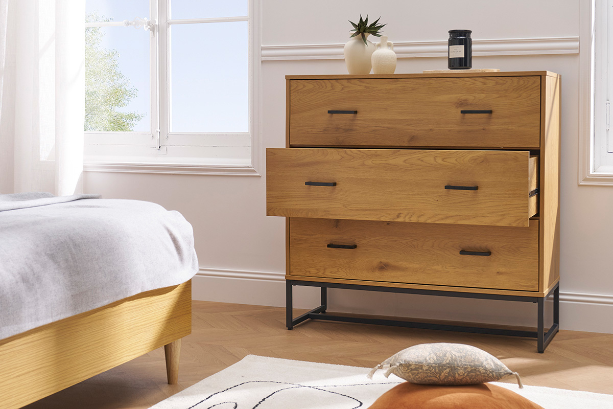 Commode 3 tiroirs finition bois clair chne et mtal noir L100 cm LOVATO