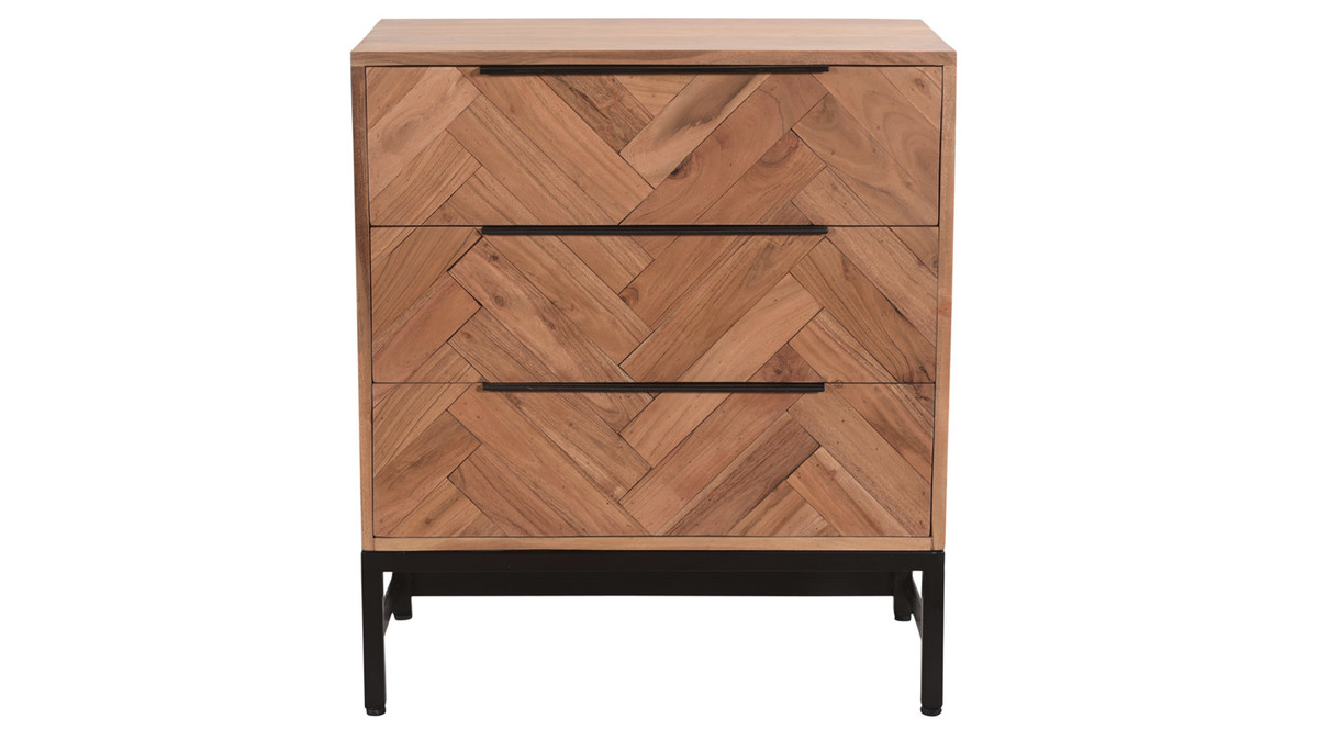 Commode  motifs chevrons en bois massif et mtal noir 3 tiroirs L70 cm STICK