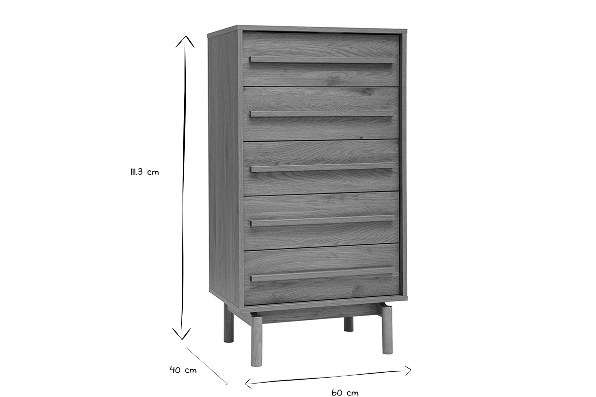 Commode chiffonnier - semainier scandinave finition bois ch�ne 5 tiroirs L60 cm YSEULT