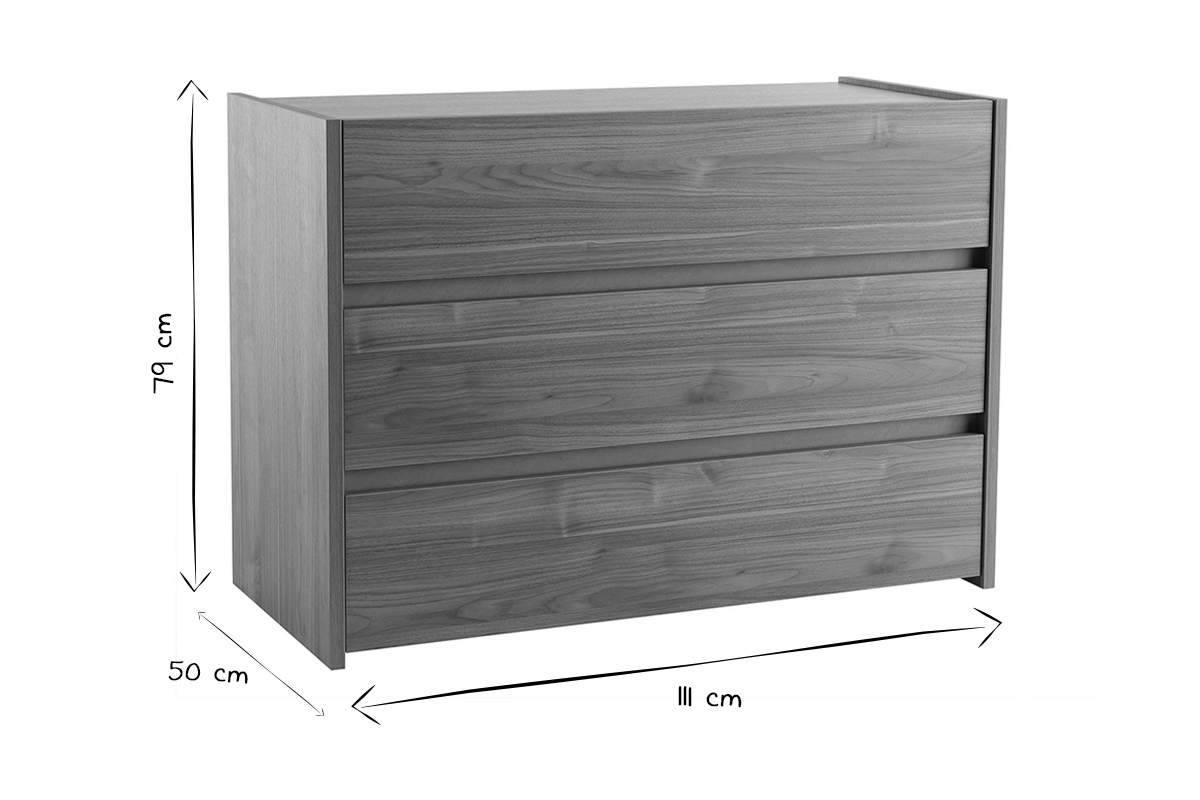 Commode design finition bois fonc 3 tiroirs L111 cm ODE