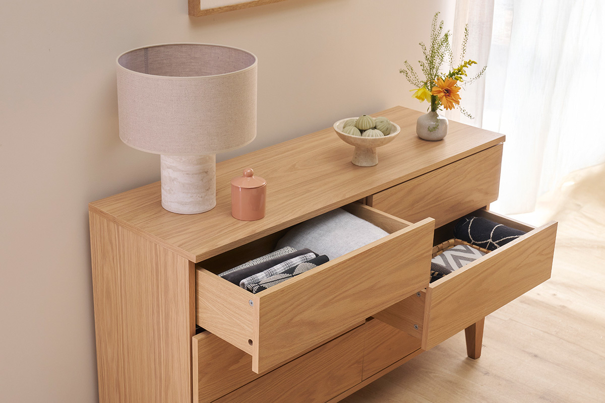 Commode en bois clair chne 6 tiroirs L120 cm FREDDY