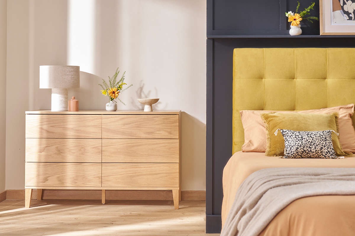 Commode en bois clair chne 6 tiroirs L120 cm FREDDY
