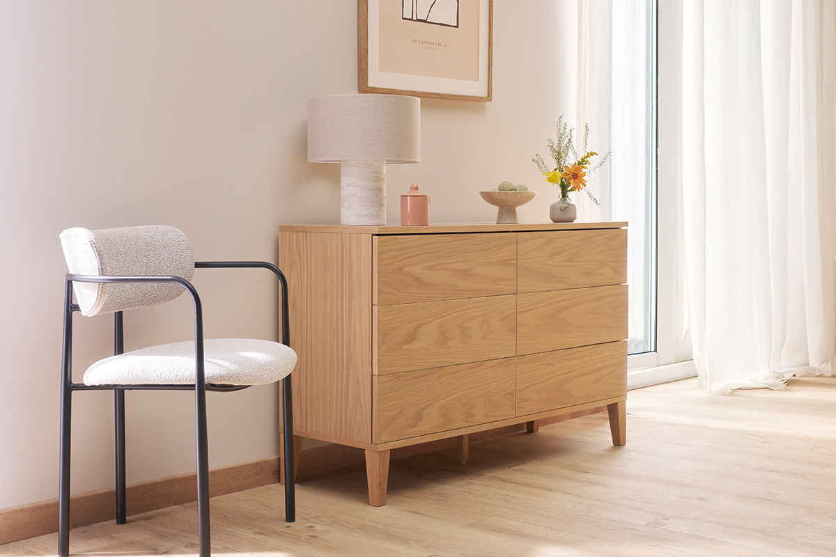 Commode en bois clair chne 6 tiroirs L120 cm FREDDY