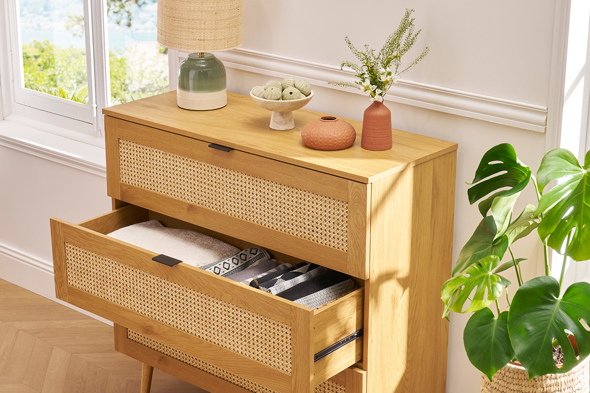 Commode finition bois clair, cannage en rotin et mtal noir 3 tiroirs L100 cm MANILLE