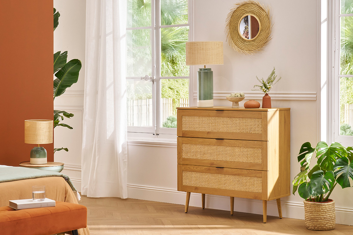 Commode finition bois clair, cannage en rotin et mtal noir 3 tiroirs L100 cm MANILLE