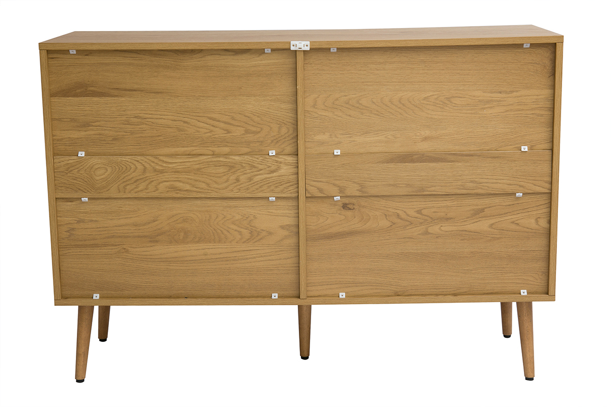 Commode finition bois clair, cannage en rotin et m�tal noir 6 tiroirs L120 cm MANILLE