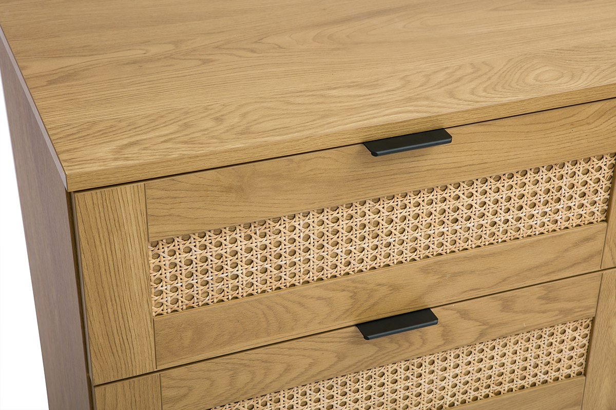 Commode finition bois clair, cannage en rotin et m�tal noir 6 tiroirs L120 cm MANILLE