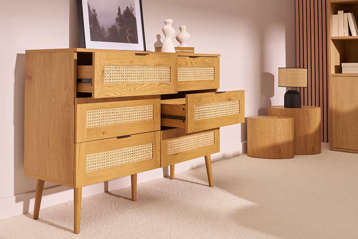 Commode finition bois clair, cannage en rotin et m�tal noir 6 tiroirs L120 cm MANILLE