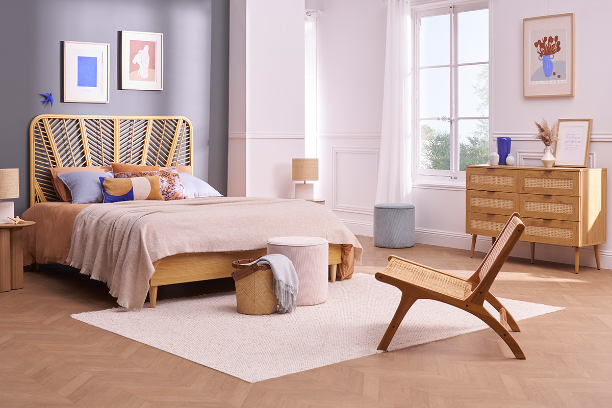 Commode finition bois clair, cannage en rotin et m�tal noir 6 tiroirs L120 cm MANILLE