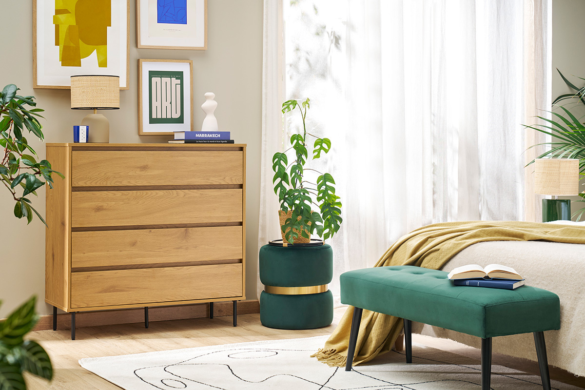 Commode finition bois clair ch�ne 4 tiroirs L100 cm ARAGON