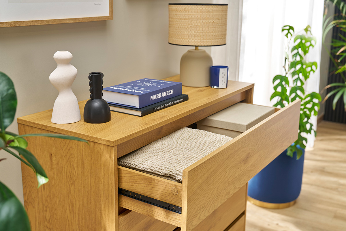 Commode finition bois clair ch�ne 4 tiroirs L100 cm ARAGON