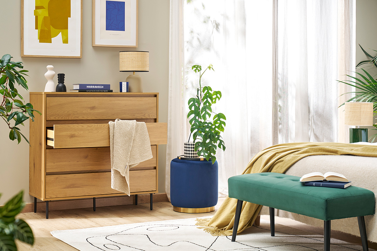 Commode finition bois clair ch�ne 4 tiroirs L100 cm ARAGON