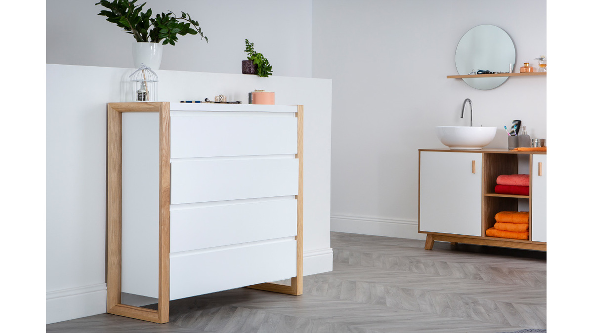 Commode scandinave blanche et bois clair 4 tiroirs L100 cm ARMEL