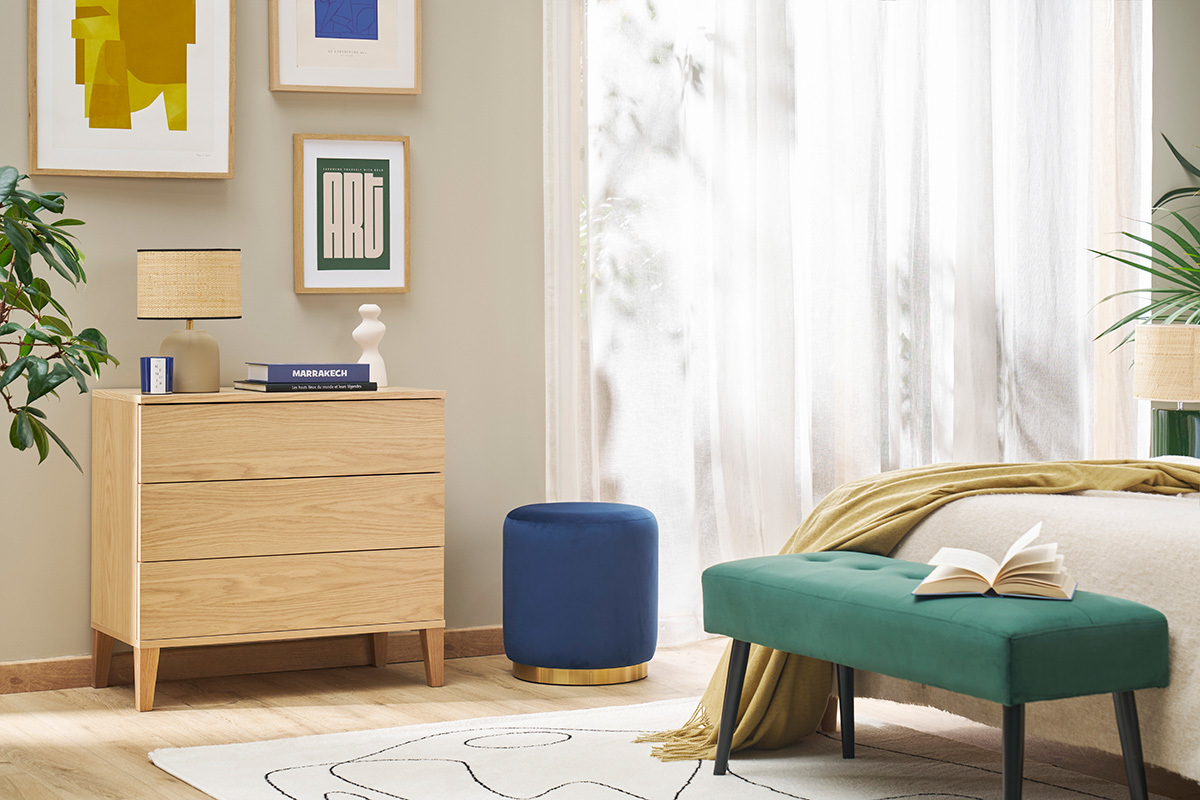 Commode scandinave en bois clair ch�ne 3 tiroirs L80 cm FREDDY