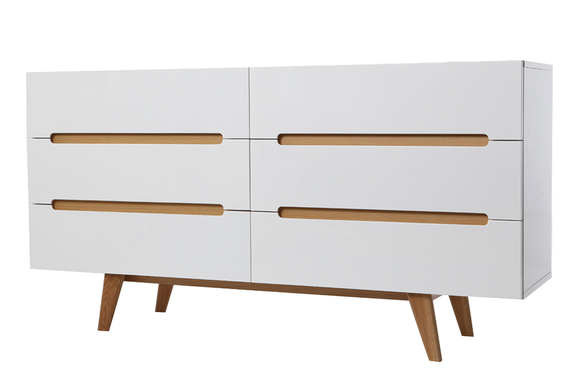 Commode scandinave finition blanc laqu� brillant 6 tiroirs L160 cm MELKA