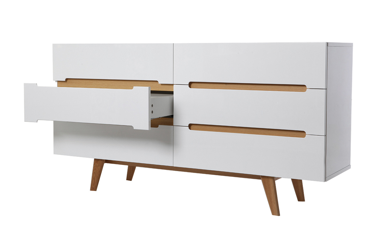 Commode scandinave finition blanc laqu� brillant 6 tiroirs L160 cm MELKA