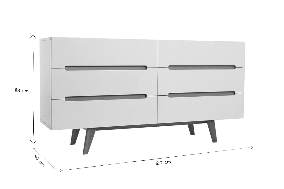 Commode scandinave finition blanc laqu� brillant 6 tiroirs L160 cm MELKA