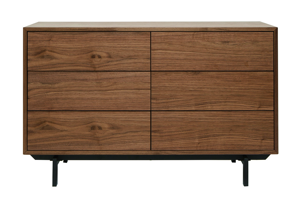 Commode vintage bois fonc� noyer et m�tal noir 6 tiroirs L120 cm MANNY