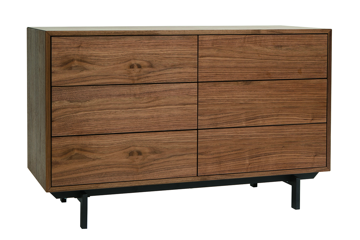 Commode vintage bois fonc� noyer et m�tal noir 6 tiroirs L120 cm MANNY