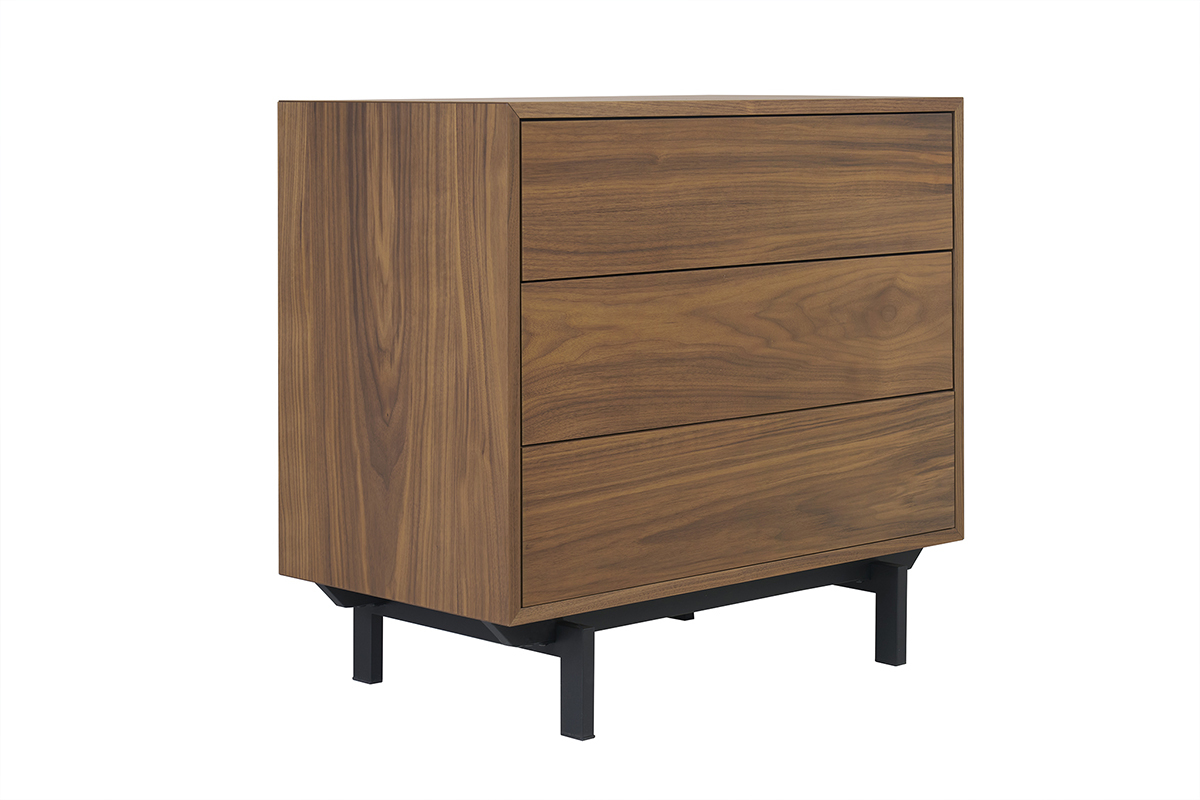 Commode vintage en bois fonc� noyer et m�tal noir 3 tiroirs L81 cm MANNY