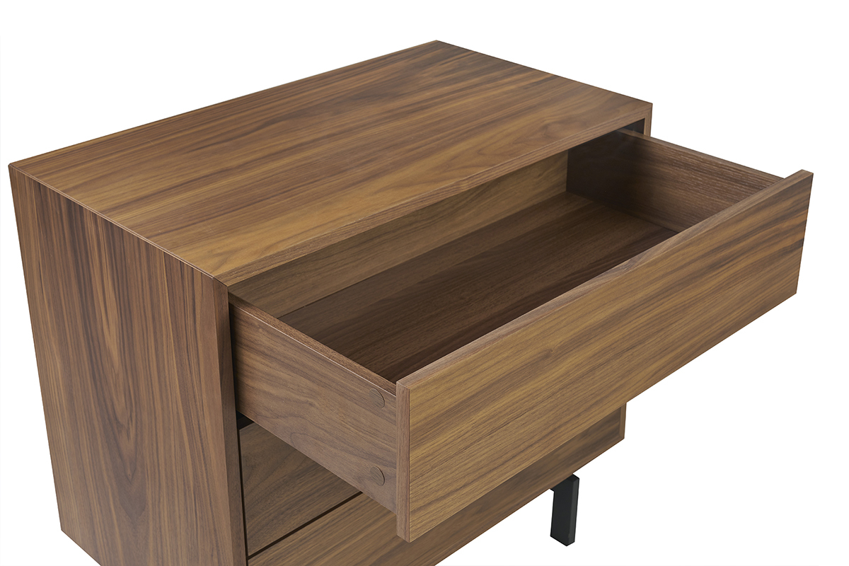 Commode vintage en bois fonc� noyer et m�tal noir 3 tiroirs L81 cm MANNY