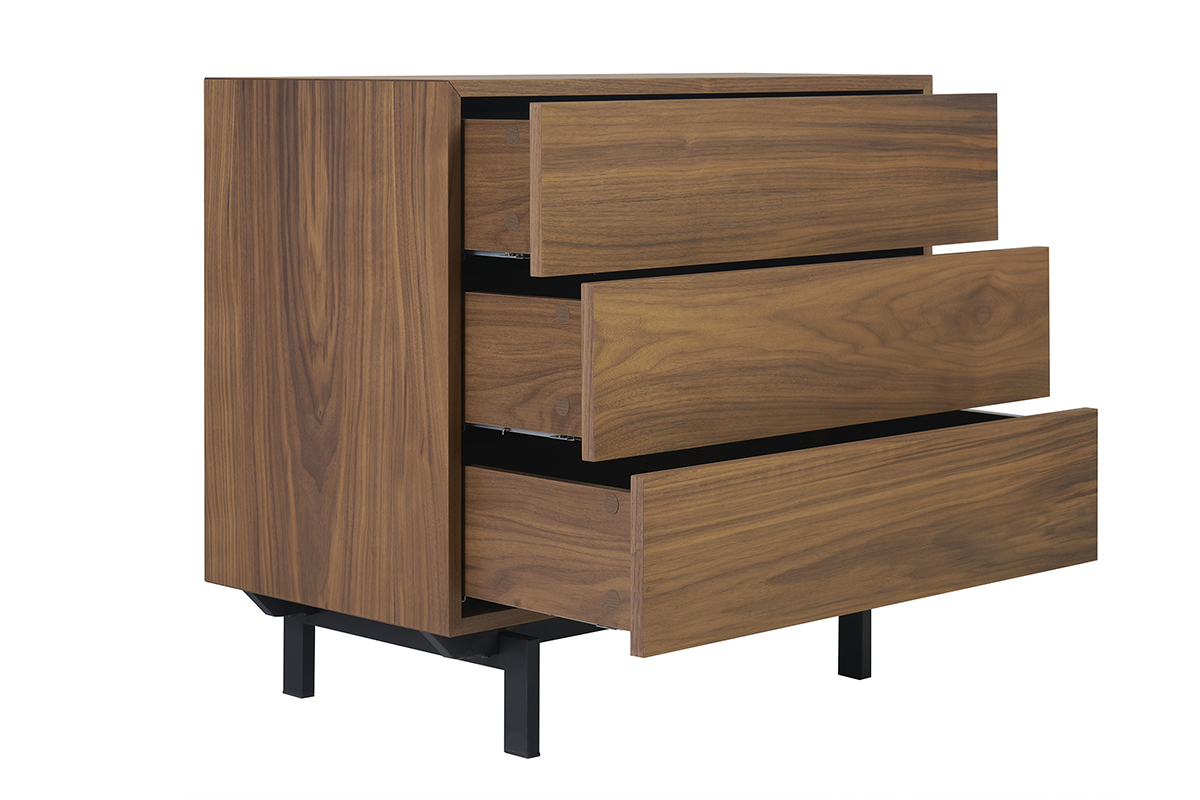 Commode vintage en bois fonc� noyer et m�tal noir 3 tiroirs L81 cm MANNY