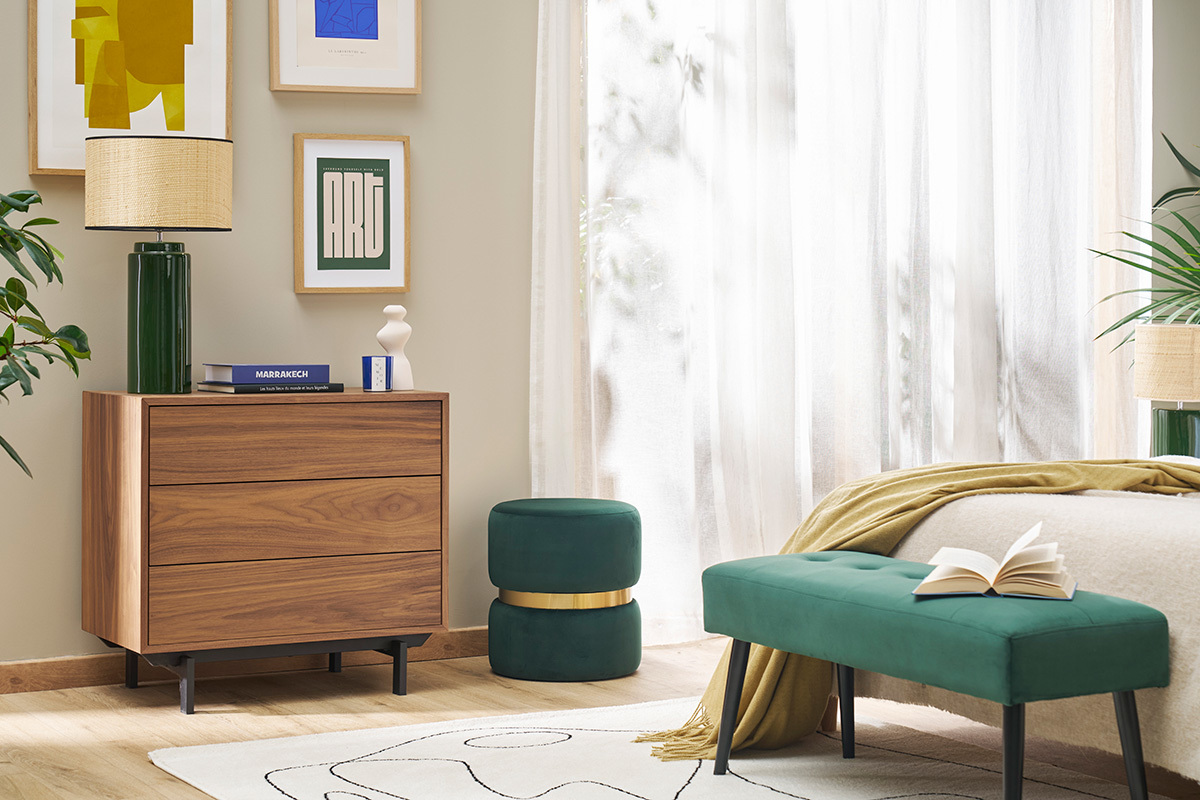 Commode vintage en bois fonc� noyer et m�tal noir 3 tiroirs L81 cm MANNY