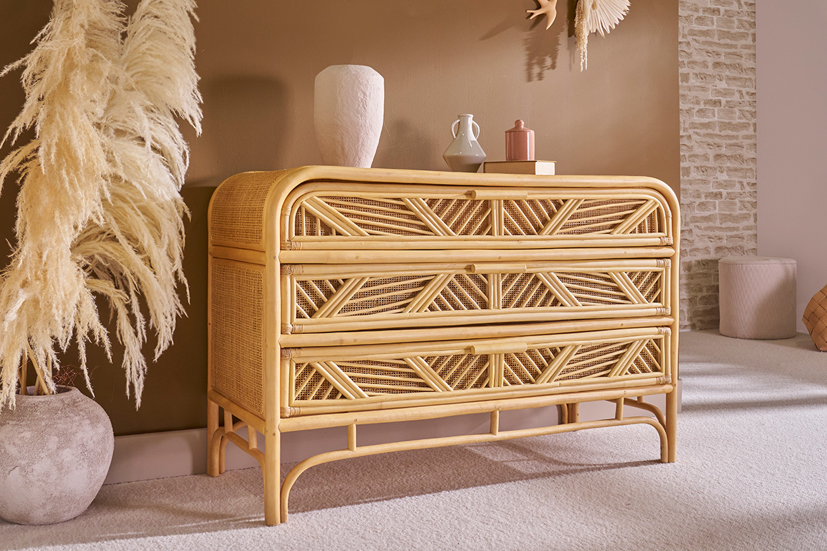 Commode vintage en rotin 3 tiroirs L120 cm GALON