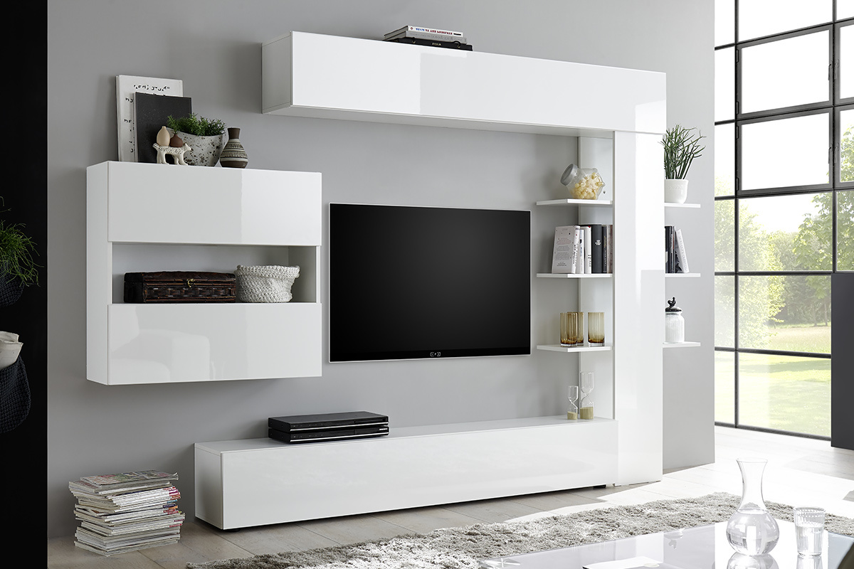 Composition TV murale blanc laqu� brillant L184 cm ETERNEL