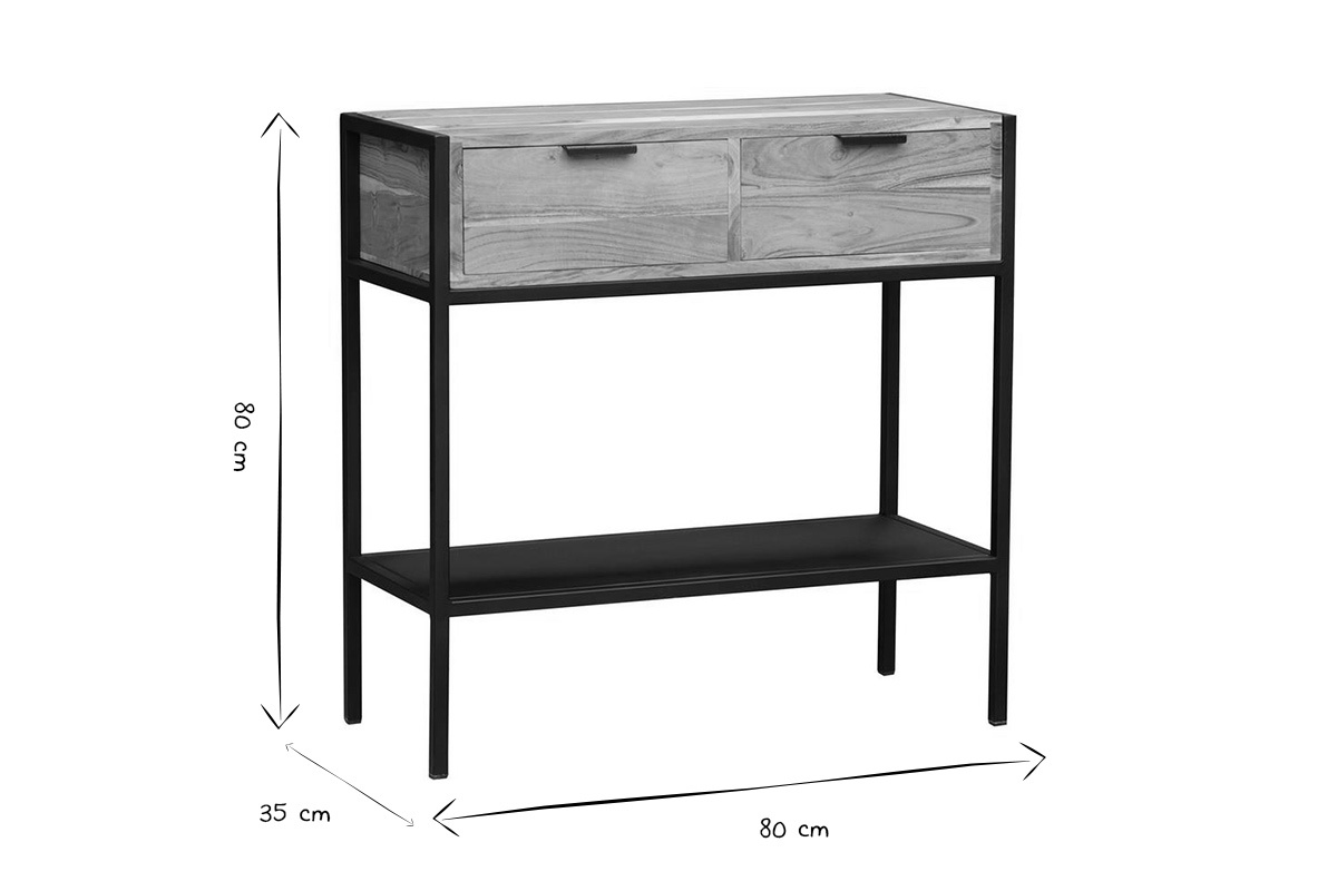 Console avec rangements 2 tiroirs en bois massif et mtal noir L80 cm ARTHUS