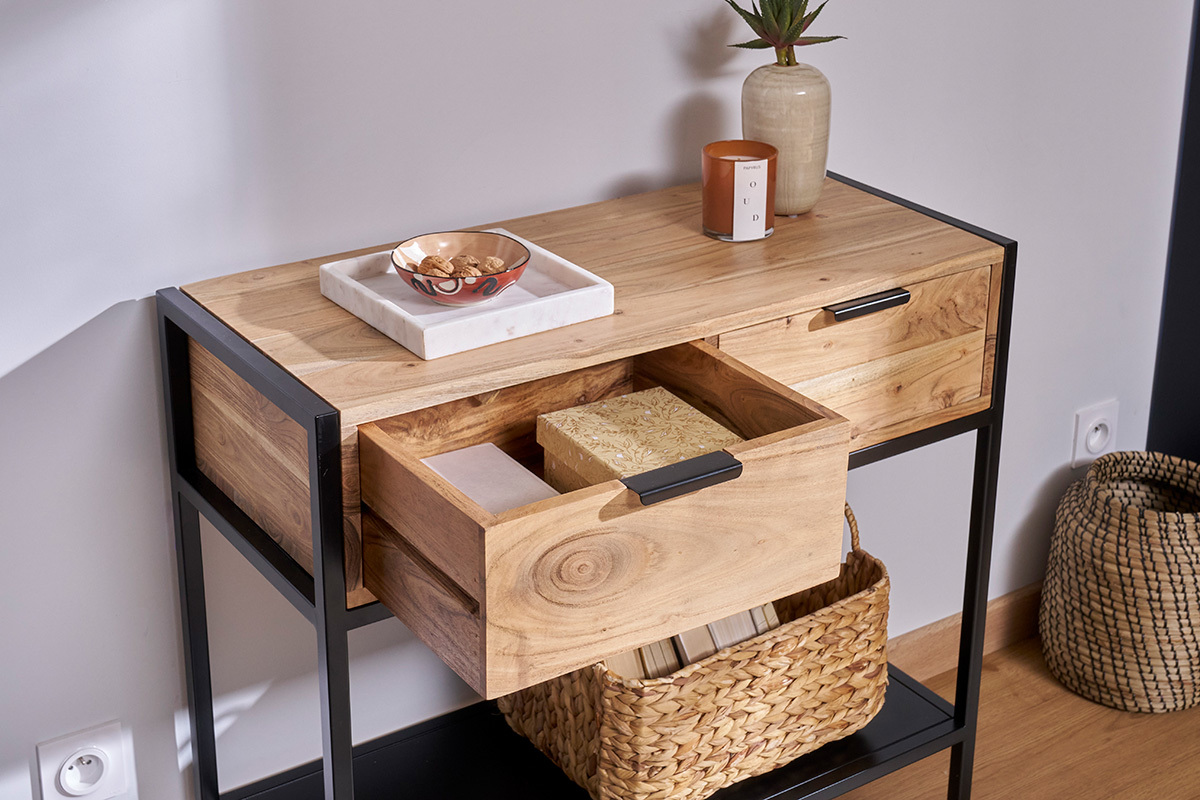 Console avec rangements 2 tiroirs en bois massif et mtal noir L80 cm ARTHUS