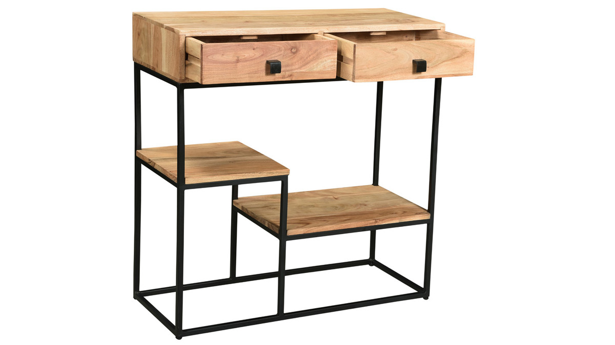 Console avec rangements 2 tiroirs en bois massif et mtal noir L80 cm GRENELLE