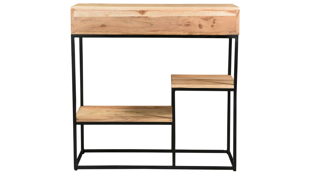 Console avec rangements 2 tiroirs en bois massif et mtal noir L80 cm GRENELLE