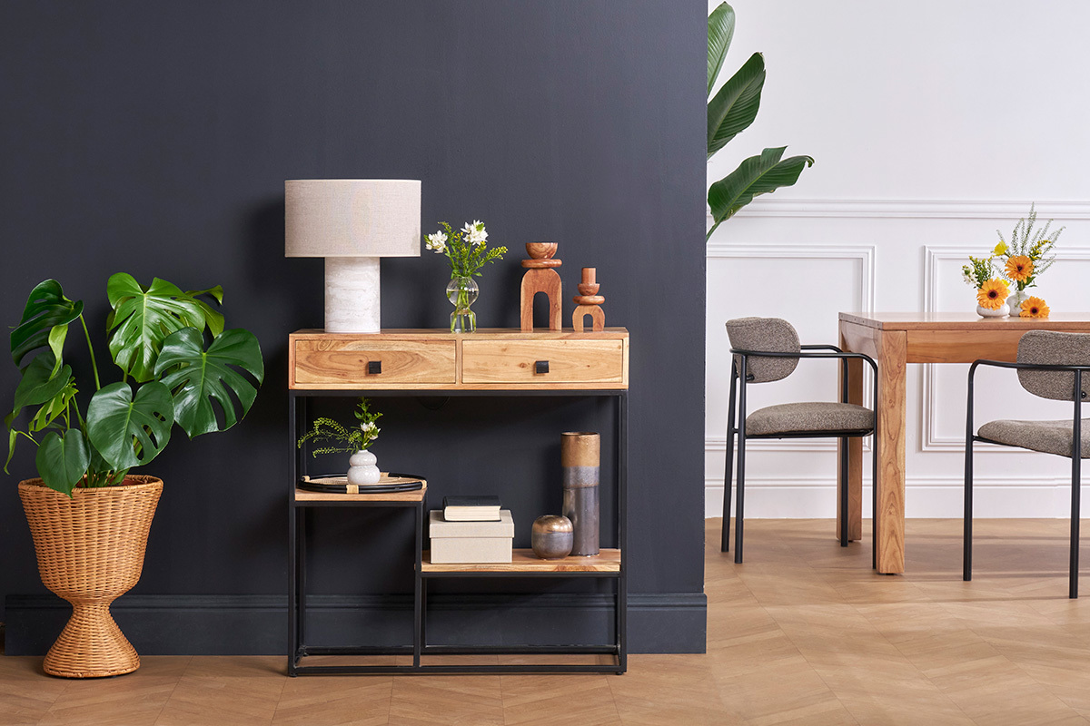 Console avec rangements 2 tiroirs en bois massif et mtal noir L80 cm GRENELLE