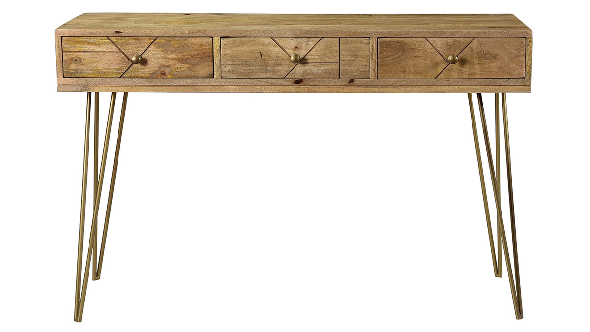 Console avec rangements 3 tiroirs en bois manguier massif grav et mtal dor L120 cm LINIUM