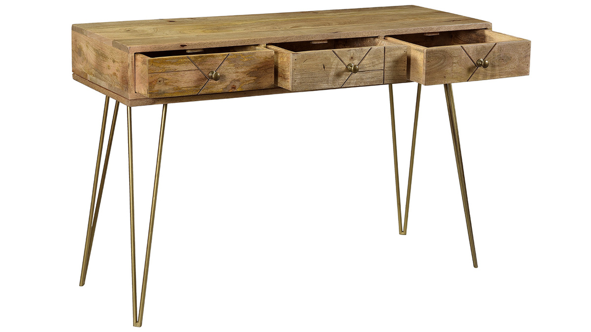 Console avec rangements 3 tiroirs en bois manguier massif grav et mtal dor L120 cm LINIUM