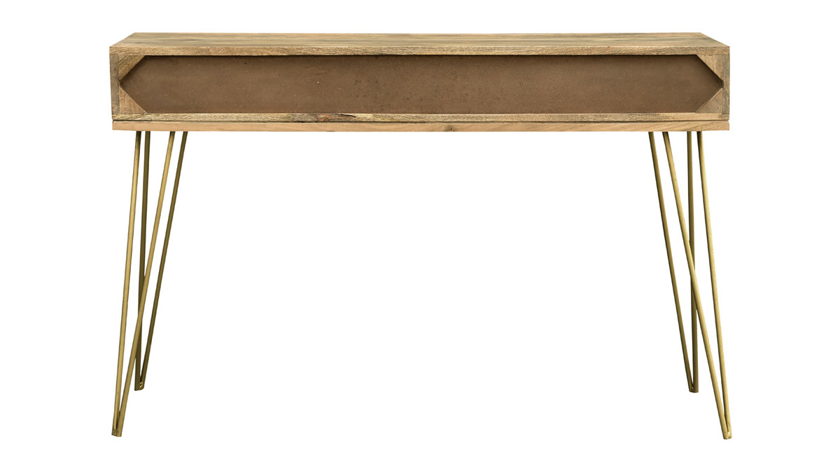 Console avec rangements 3 tiroirs en bois manguier massif gravé et métal doré L120 cm LINIUM