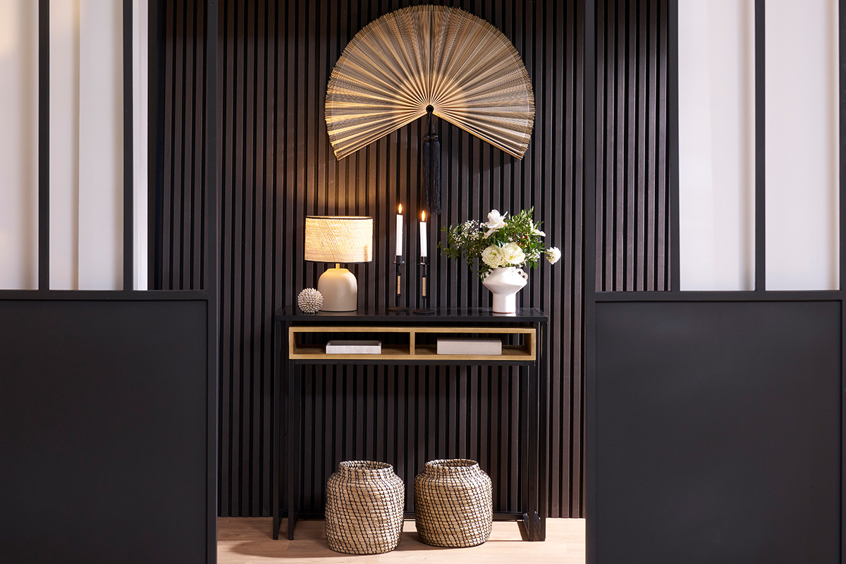Console bureau d'appoint avec rangements casiers en bois manguier massif et mtal noir L100 cm YPKA