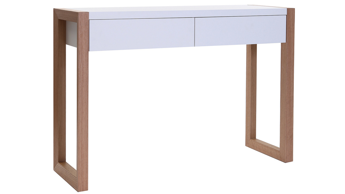 Console design avec rangements 2 tiroirs blanche et bois clair chne 2 tiroirs L120 cm ARMEL