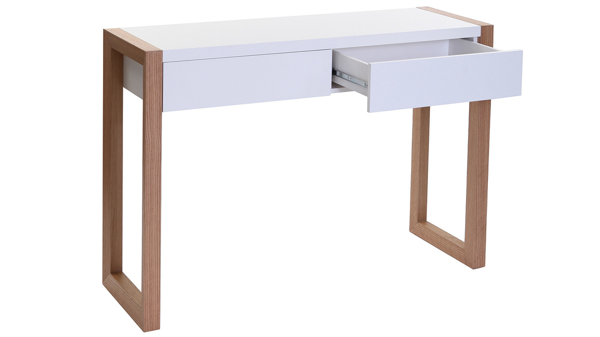 Console design avec rangements 2 tiroirs blanche et bois clair chne 2 tiroirs L120 cm ARMEL