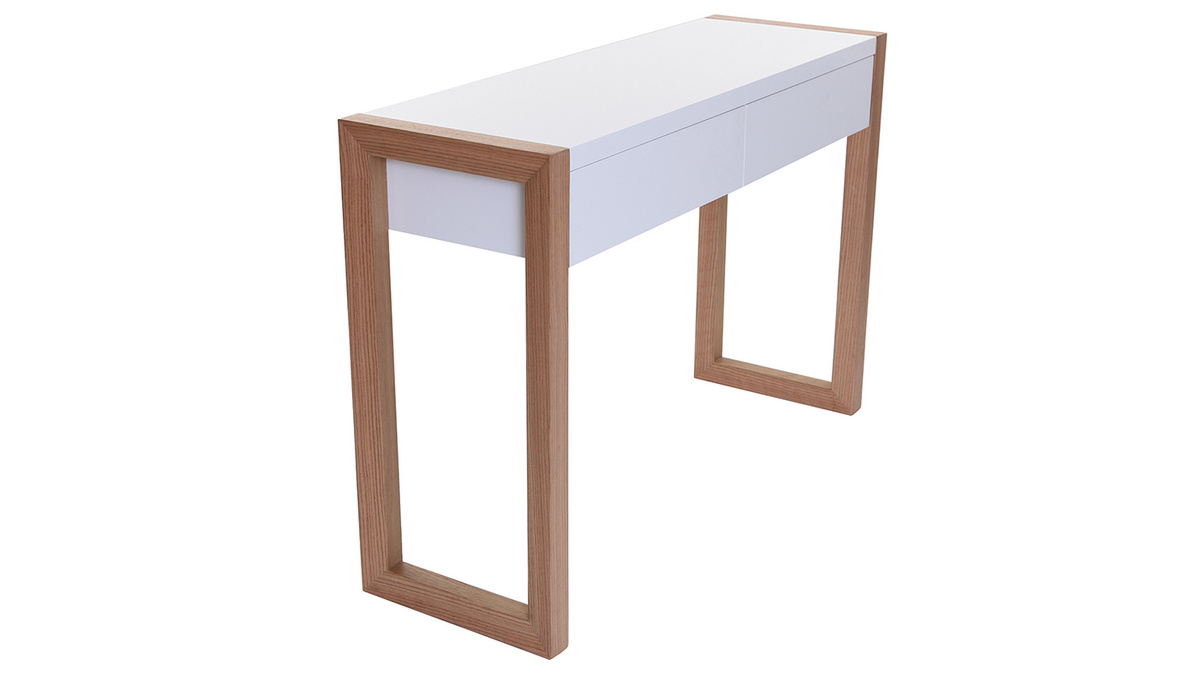 Console design avec rangements 2 tiroirs blanche et bois clair chne 2 tiroirs L120 cm ARMEL