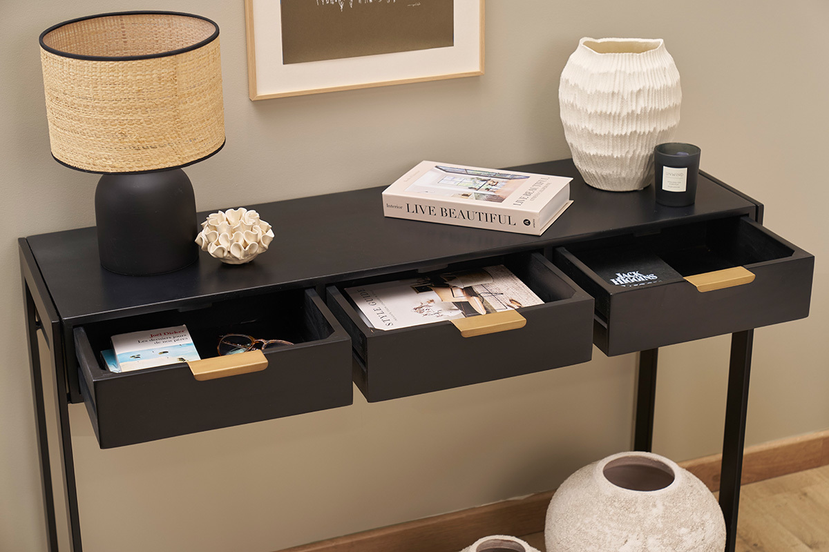 Console design avec rangements 3 tiroirs noire et mtal L115 cm AVIDAN